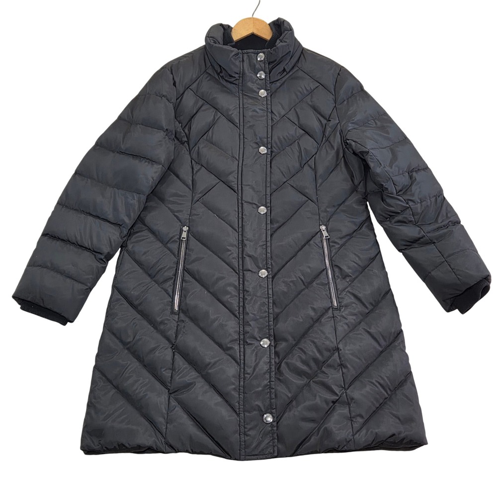 London Fog Womens Down‎ Fill Puffer Coat Winter Quilted Chevron Black Medium